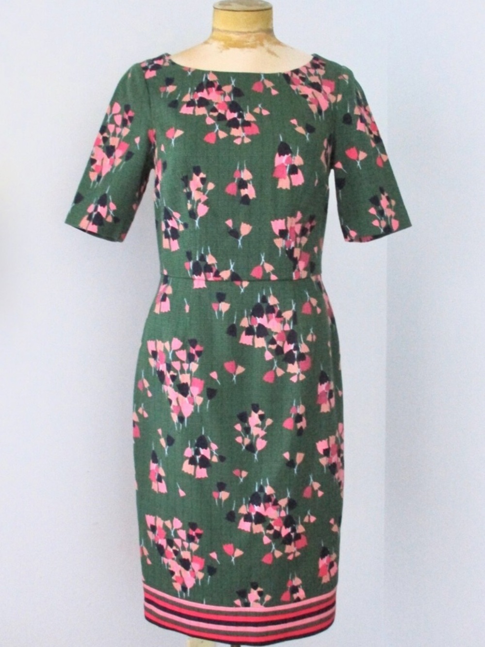 Boden Green and Pink Tulip Linen Cotton Blend Midi Shift Dress Size 6 EUC